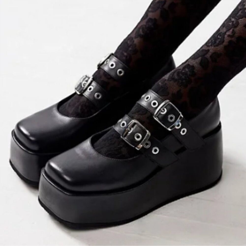 Free People Rhys Goth Alt Black Leather Platform Mary Jane Buckle size 11